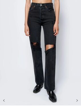 Re/Done Black Ripped High-Rise loose Straight Jeans